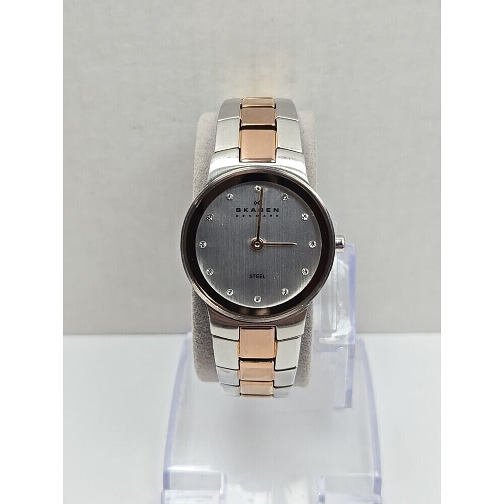 Skagen Womens Rose Gold Two Tone Crystal Dial Bracelet Watch New Battery Quartz